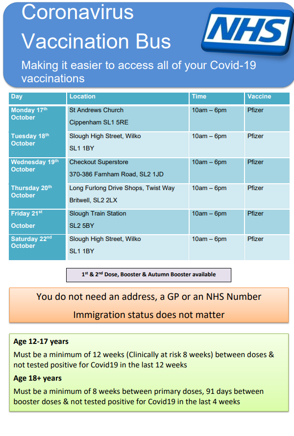 Covid vaccine bus times for the rest of this week &amp; next week!