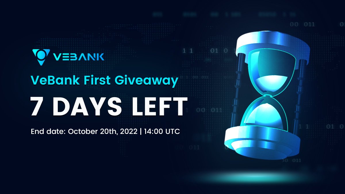 ‼️ 7 DAYS LEFT to participate in VeBank First #Giveaway ‼️ 

⏰ End Date: October 20th, 2022 | 14:00 UTC  
💰 Prize Pool: 2,000,000 VB

 Grab this amazing chance for gaining VB Token for free! 
👉 Join now:  gleam.io/d2vfp/vebank-f…
 
🚀 Follow us to never miss a drop!
