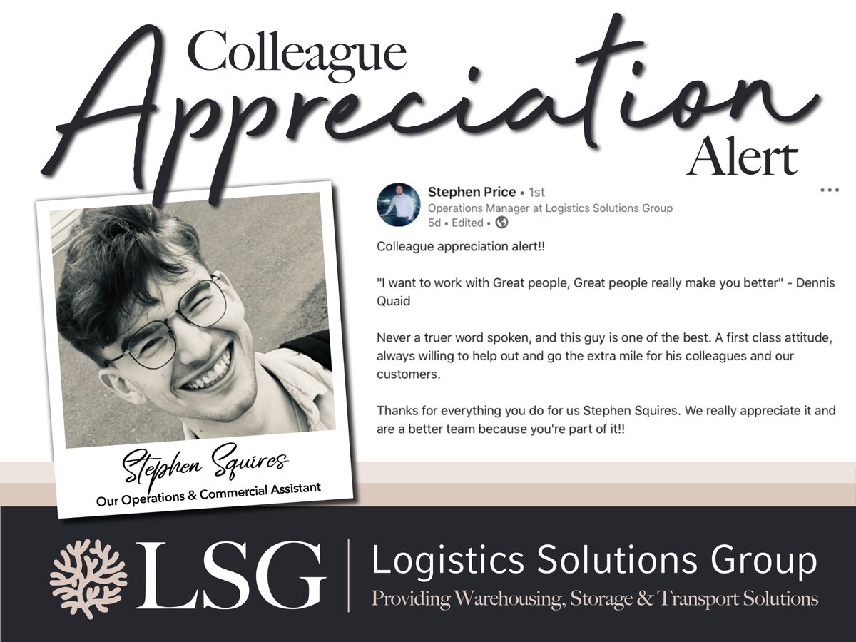 LogisticsSolut2's tweet photo. ‼️COLLEAGUE APPRECIATION ALERT‼️
#BeMoreStephen
For more information about all our services
☎️ 0208 938 3395
📧 info@the-LSG.co.uk
💻 https://t.co/VsIbMa4nJ1
#TeamLSG #SupplyChain #Solutions #WarehouseSolutions #Storage #StorageSpace #PalletStorage #LogisticsBroker #Capacity https://t.co/1ZgJi48YtI