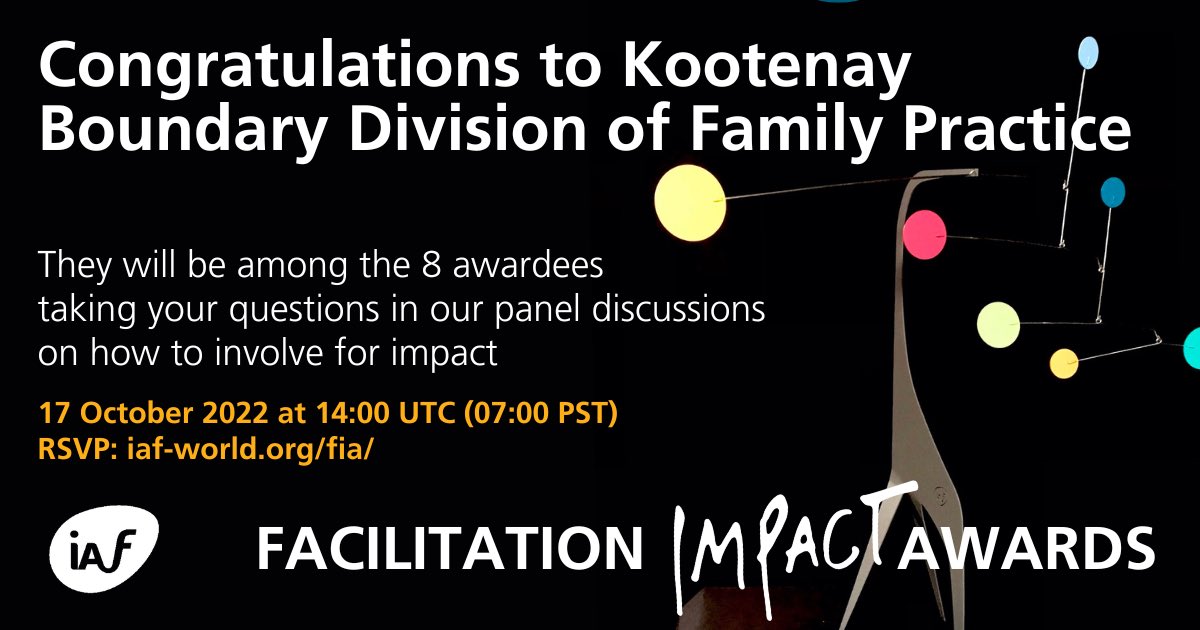 IAFacilitators's tweet photo. Congratulations to Kootenay Boundary Division of Family Practice for their Facilitation Impact Award. 

They'll be taking your questions in panel discussions on how #facilitationhasimpact on 17 October at 14:00 UTC. 

Post your questions at https://t.co/CtVy63xOXs https://t.co/geqjO3uyLD