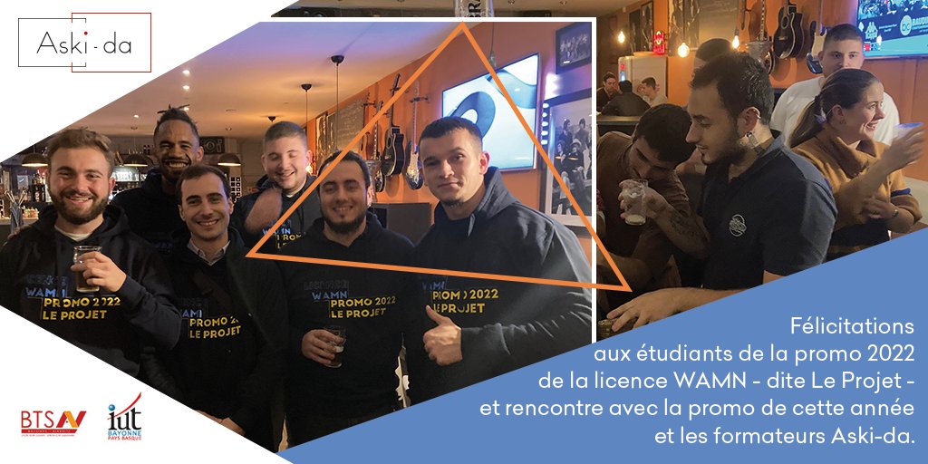 Licence pro WAMN : l'aventure continue ! Rencontre vendredi avec les 13 étudiants de cette 2e année, félicitations, et sweat WAMN !, à la promo inaugurale et remerciements aux acteurs de cette réussite : maîtres de stage, formateurs Aski-da, @BTSAVBayonne-Biarritz et <a href="/iutbay/">IUT de Bayonne et du Pays Basque</a>