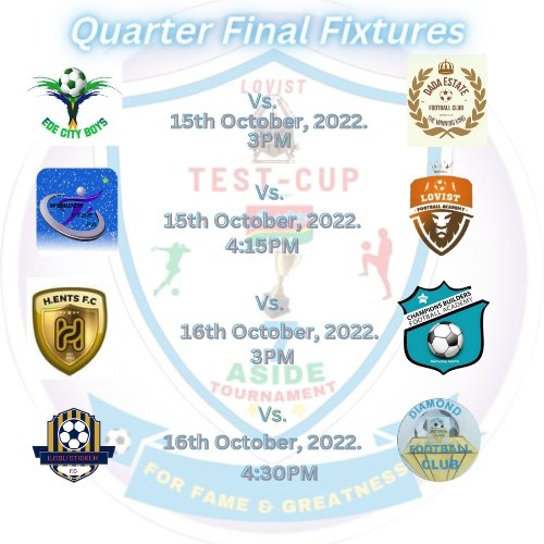 LSLPremierNow's tweet photo. TEST CUP: @LSLPremierNow @IndomieNigeria #TESTCUP Quarter Final Fixtures are here. #TESTCUP #ItsHere #BeHere https://t.co/i9EbHPGE3v