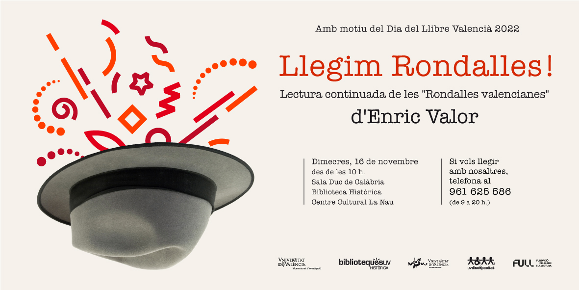 bibliotequesuv's tweet photo. A la Biblioteca Històrica "Llegim Rondalles❗️" per a celebrar el Dia del Llibre Valencià 2022. 
El pròxim 16 de novembre, llegirem de forma continuada “Rondalles valencianes”, d'Enric Valor, a la sala Duc de Calàbria.
☎️Si vols llegir amb nosaltres, telefona al 
96 1 625 586. https://t.co/3tUXgJRbro