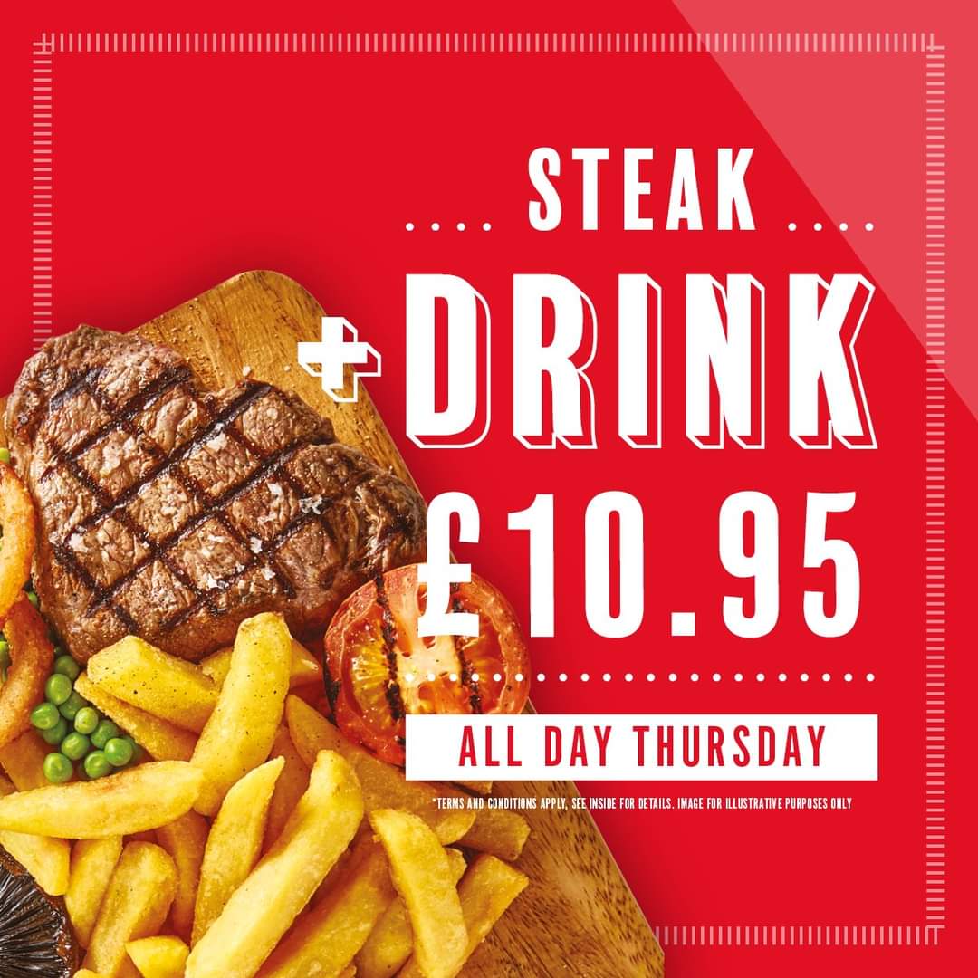 #steaknight £10.95 Every Thurs 😋

choice of:

🐷8oz Gammon Steak 
🥩8oz Rump Steak
✨Upgrade to Sirloin for £1✨

Including:

🍺Carlsberg, Strongbow or Cask
🍷175ml Hardys Red, White or Rose
🥤Pint of Pepsi Max or Lemonade