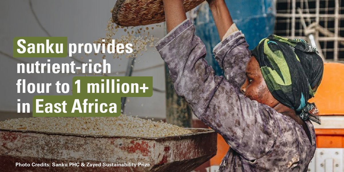 Ahead of #WorldFoodDay, we commend 2019 Zayed Sustainability Prize winner, @SankuPHC , who stepped up to tackle #hunger by providing more than 1 million people access to nutritious flour in East Africa. Find out more on 👉: Sanku.com 
 #UAEforClimate <a href="/ZSP_ORG/">Zayed Sustainability Prize</a>