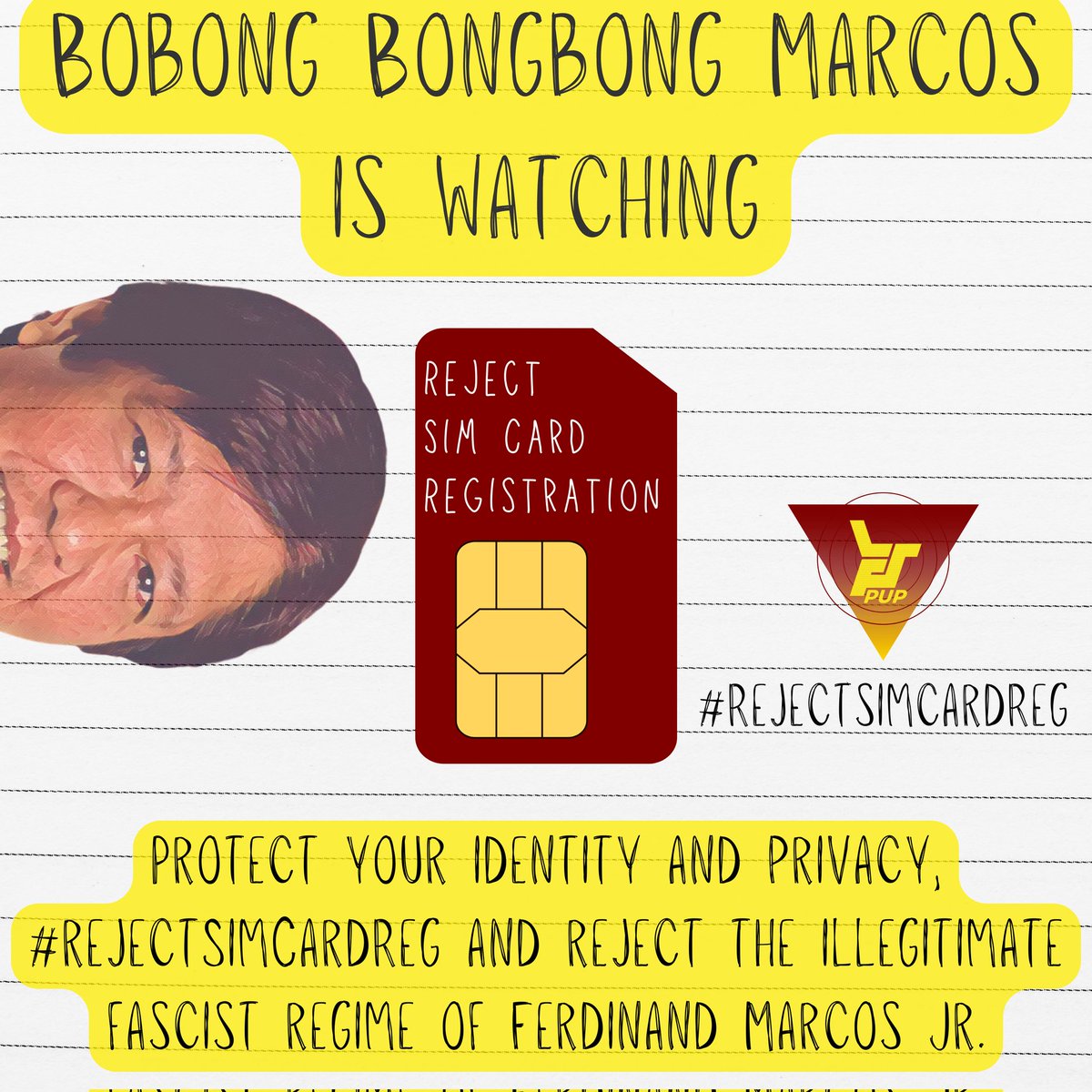 pup_lfs's tweet photo. SIM CARD REGISTRATION ACT, TUTULAN!
Noong ikasampu ng Oktubre, nilagdaan ng kasalukuyang Pangulong Marcos Jr. ang Batas Republika Bilang 11934 o mas kilala sa tawag na SIM Card Registration Act.
#RejectSIMCardReg https://t.co/ljC2F1uSt4