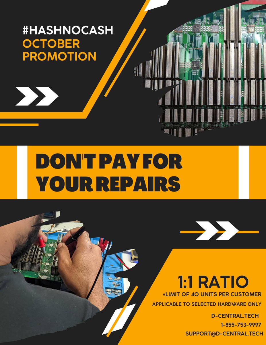 DCentralTech's tweet photo. #BitcoinWinter is still here and we have an offer to make it hot 🔥
For each unit below the break-even point we set, you can pay for this repair with a broken ASIC equivalent at a 1:1 ratio.
#HashNoCash #ASICRepair #BitcoinMining https://t.co/4fd8SHk1DK