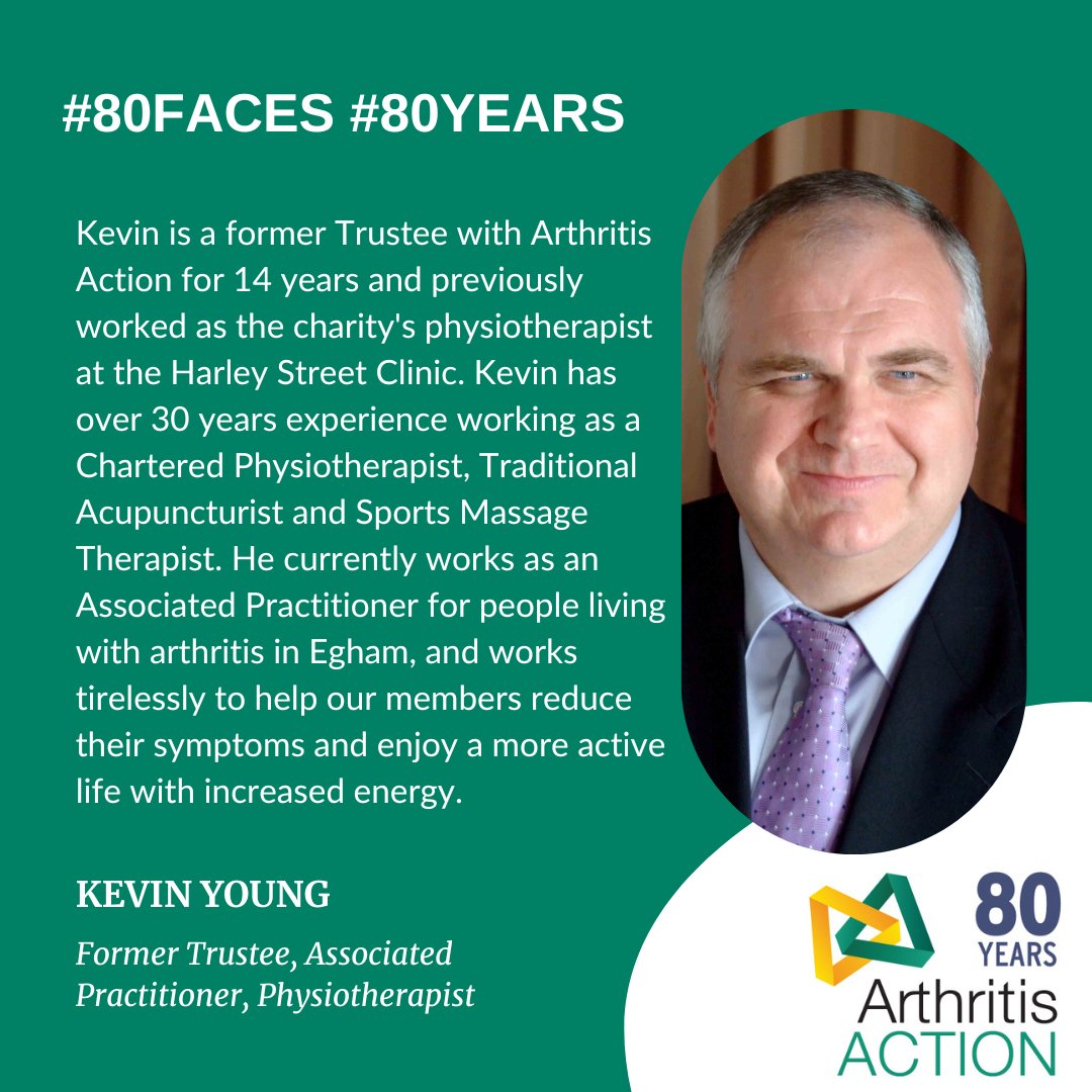 Arthritis_ACTN's tweet photo. Our #80Faces campaign recognises 80 key people who have helped #ArthritisAction over the past #80Years. 

Today we say #thankyou to Kevin, a former Trustee with Arthritis Action for 14 years and previously worked as the charity's physiotherapist at the Harley Street Clinic. https://t.co/l1ZIHq83Hv