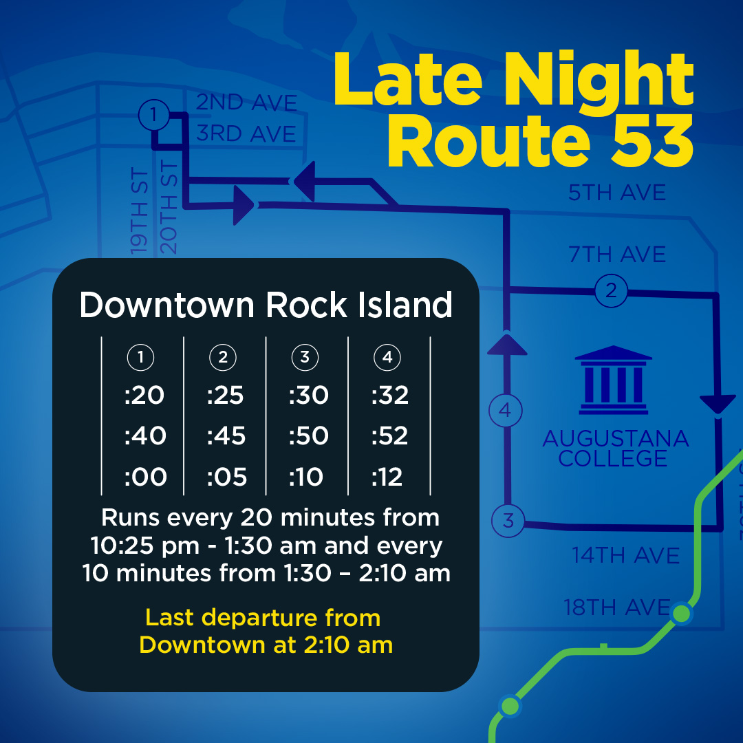 Hey, Augie! 📢 Are you heading to Downtown Rock Island this weekend? Let #MetroQC take you there at NO COST with your valid Augustana student ID.
