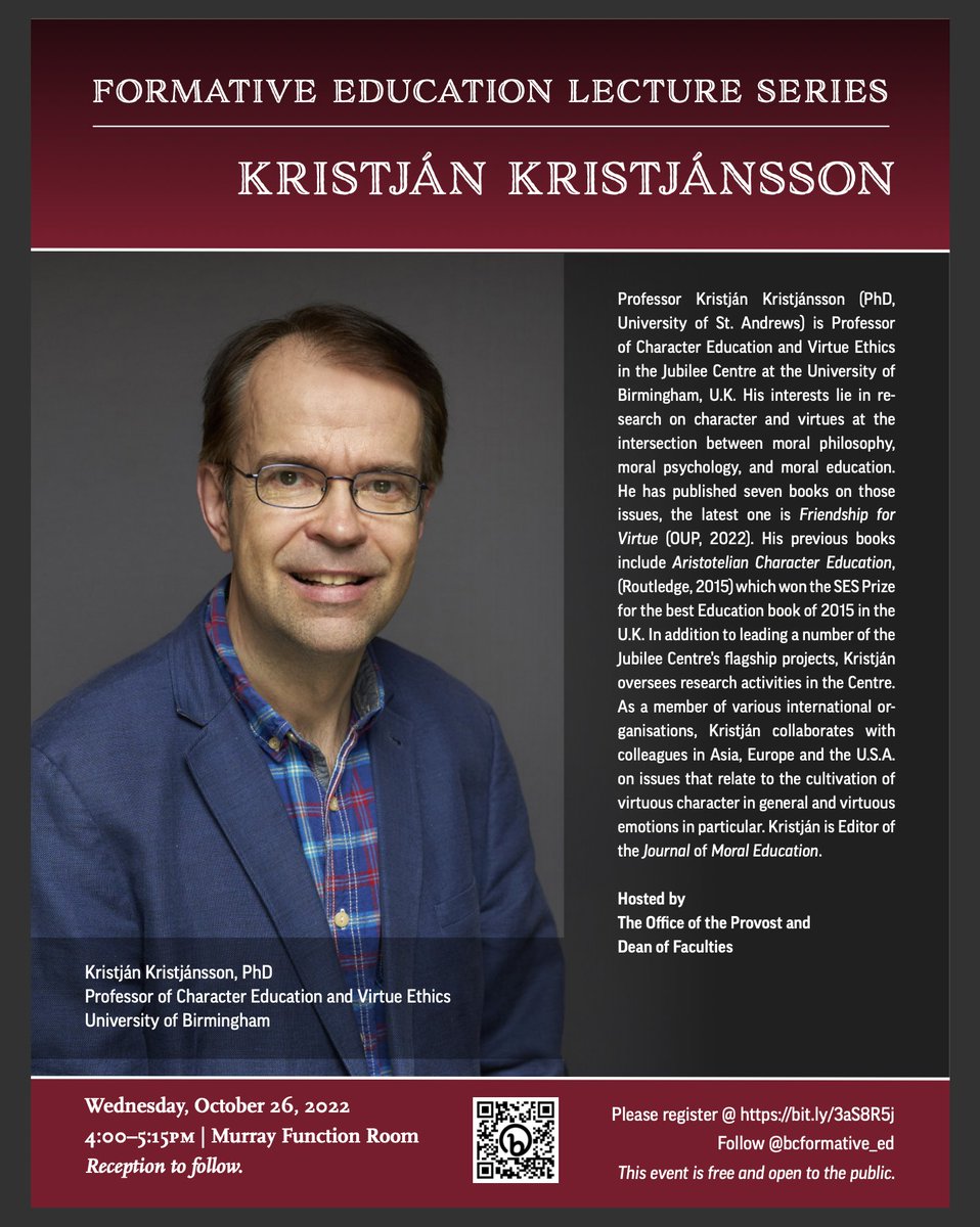 We are excited to welcome Professor Kristján Kristjánsson from the University of Birmingham, U.K. to BC for the Formative Education Lecture Series on 10/26 at 4:00PM. Please join us by registering here: bit.ly/3aS8R5j 

#FormativeEducation #BC