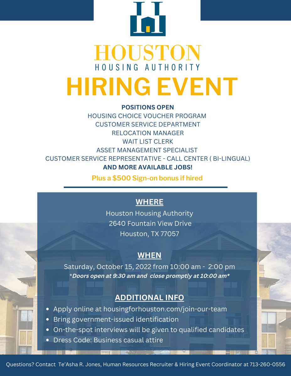 HousAllianceHTX's tweet photo. Come work at the Houston Housing Authority! We're hosting a hiring event this Saturday.
#AffordableHousing #HHAStrong #FindYourPurpose #TrustTheProcess https://t.co/7CJAHVNovb