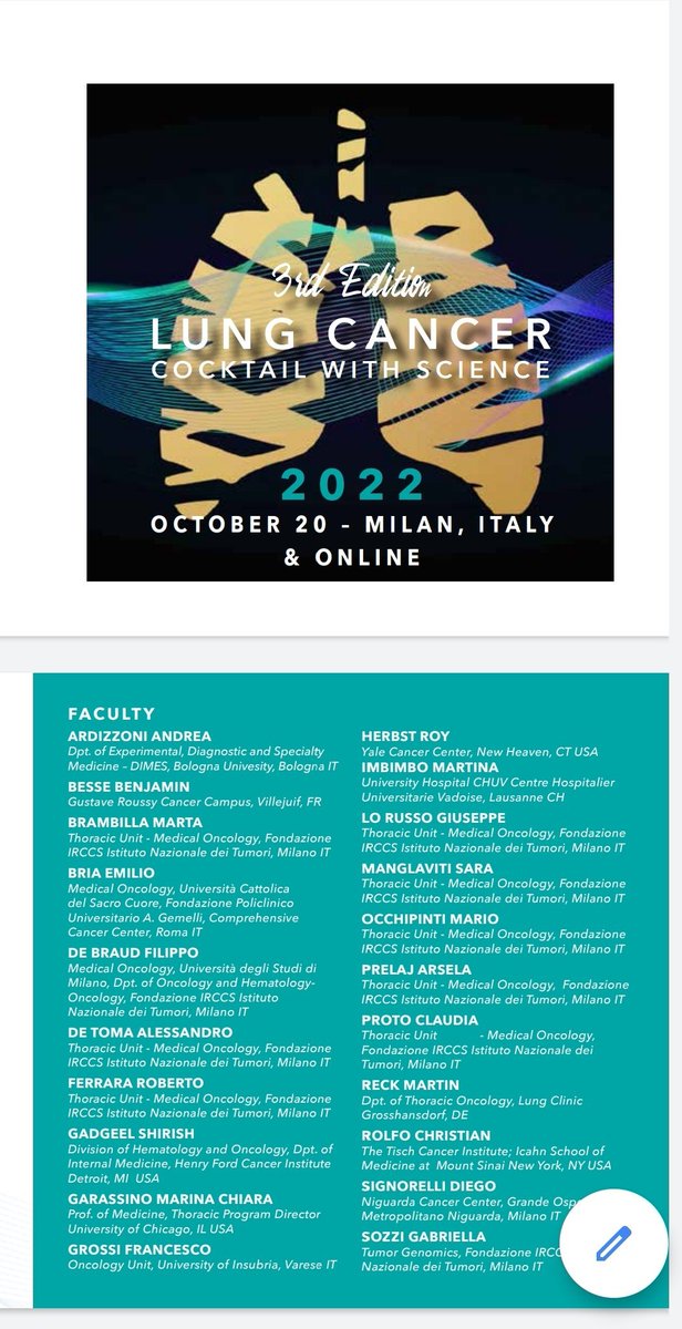 saramanglaviti's tweet photo. Ready for the first time alive edition of #lungcancer #cocktailwithscience with outstanding faculty!
Register at https://t.co/uPIOARwOWI
@GLoRussoMD_PhD @marinagarassino @MImbimbo1 @BenjaminBesseMD @ChristianRolfo @ShirishGadgeel @DrRoyHerbstYale @BriaEmilio @MartinReck2 https://t.co/DYdUJYTelU
