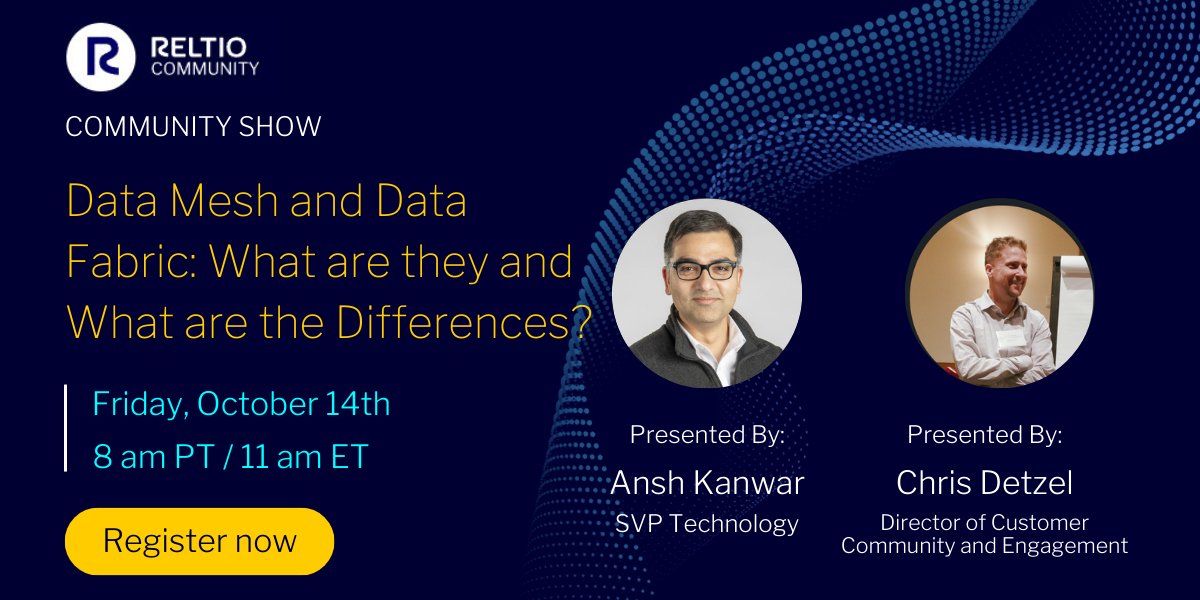 As big organizations become more agile, centralization is becoming a thing of the past. Ansh Kanwar, SVP, Technology, will help answer questions around terms like Data Mesh, Data Fabric and how MDM fits into these architectures. Register for the show here: ow.ly/tvfV50L3JCM