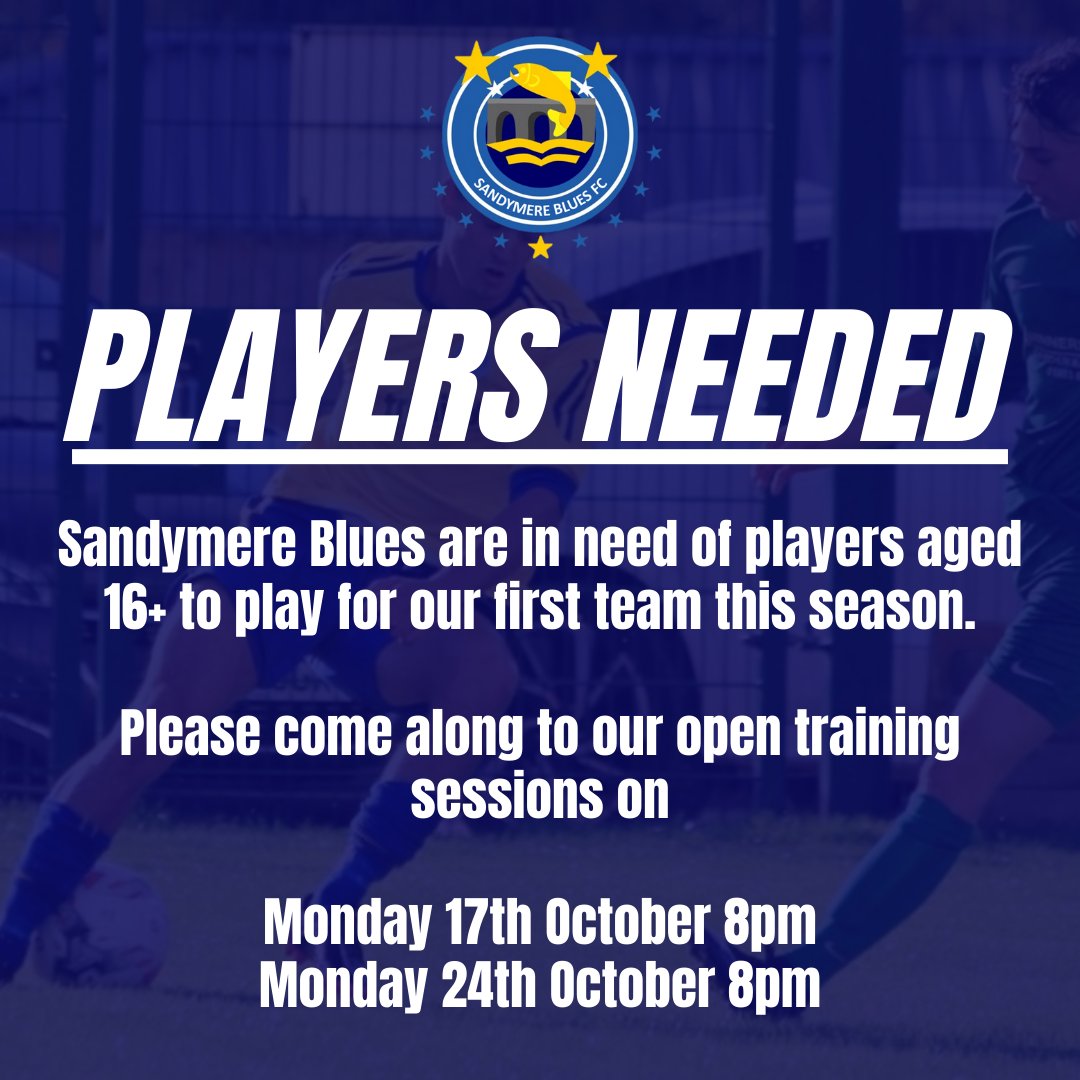 🔵 𝙋𝙇𝘼𝙔𝙀𝙍𝙎 𝙉𝙀𝙀𝘿𝙀𝘿! 🟡

🚨 Sandymere Blues Football Club are in need of players aged 16+ to play for our first team this season.

Please come along to our open training sessions on:

📅 Monday 17th &amp; 24th October 8pm

🗺️ Sandymere Rd, Bideford EX39 1XX

#SBFC #UTB