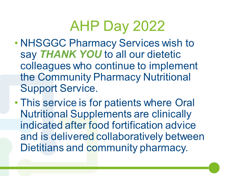 NHSGGC - Pharmacy Services (@nhsggcpharmacy) on Twitter photo For more details of our community pharmacy nutrition support service see
communitypharmacy.scot.nhs.uk/nhs-boards/nhs…
<a href="/NHSGGCDiet/">NHSGGC Dietitians</a>
#AHPsDay
#MAW2022 For more details of our community pharmacy nutrition support service see
communitypharmacy.scot.nhs.uk/nhs-boards/nhs…
<a href="/NHSGGCDiet/">NHSGGC Dietitians</a>
#AHPsDay
#MAW2022