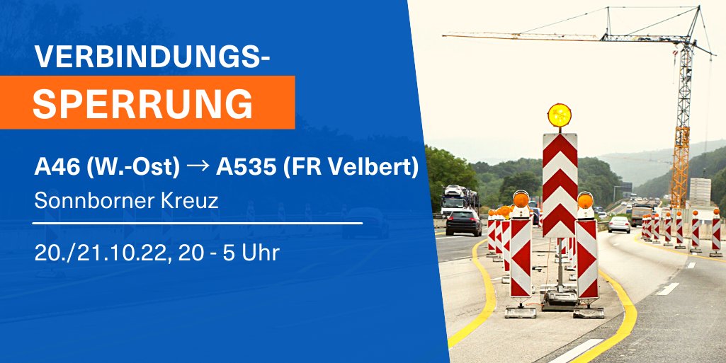 Autobahn_Rheinl's tweet photo. ⛔ Donnerstagnacht (20./21.10.), 20-5 Uhr, ist im Sonnborner Kreuz die Verbindung von der #A46 nach #Wuppertal-Ost auf die #A535 in Fahrtrichtung Velbert gesperrt. 🔴 Umleitungen stehen. 👷 👷♂️ Wir prüfen in dieser Zeit turnusmäßig das Brückenbauwerk. (aa) #verkehr https://t.co/eBVIqo2aFb
