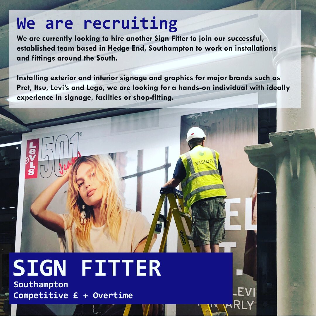 vvsltd's tweet photo. #SignFitter - Southampton  
Join us to work on delivery high quality projects for major brands such as Pret, Itsu &amp; Levi’s.
Driving licence essential. CSCS, PASMA &amp; IPAF is desired but not essential. Contact production@vvsltd.co.uk for an informal discussion. #southamptonjobs https://t.co/PSdyQyJX35