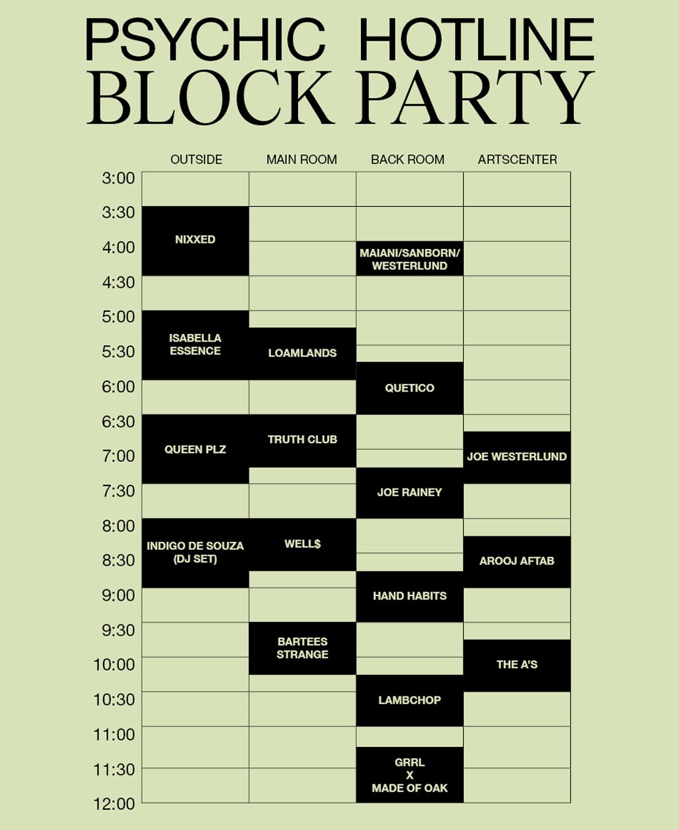 SATURDAY'S SCHEDULE ☁️ Plus our pop-up shop &amp; record fair will be open in the West End Theater inside the ArtsCenter from 3:30-10pm. ☁️

TICKETS: psychichotline.ffm.to/blockpartytix