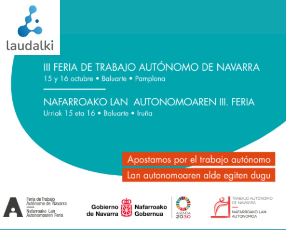 Los #autónomos y #autónomas de Navarra te esperamos el 15 y 16 de octubre en BALUARTE |Palacio de Congresos y Auditorio para dar a conocer nuestro trabajo a tod@s l@s interesad@s.
Te esperamos en el stand 74
#proyectos #estrategia #sostenibilidad #transparencia #medioambiente