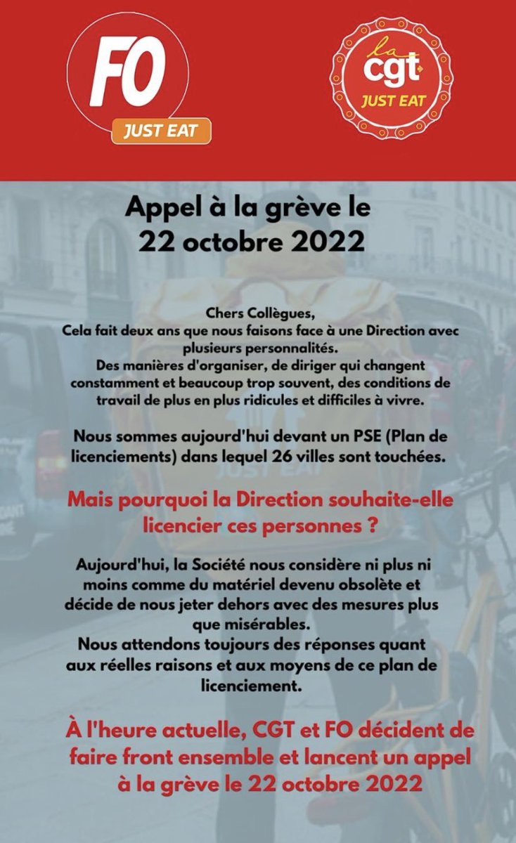 fo_justeat's tweet photo. 📣APPEL À LA GRÈVE LE 22/10/22📣 #GREVE #fojusteat #cgtjusteat #forceouvrière https://t.co/LeVugGGBQ4