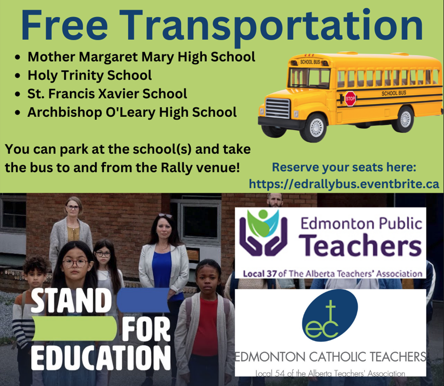 Attn <a href="/ECTlocal54/">EdmCatholicTeachers</a> and <a href="/EdPubTeachers/">Ed Pub Teachers</a> we have busses arranged for smooth travel on Oct 22, #StandForEducation day! Park at any of the closest school sites listed and avoid all the traffic! See link for details. Open to teachers and their families! edrallybus.eventbrite.ca