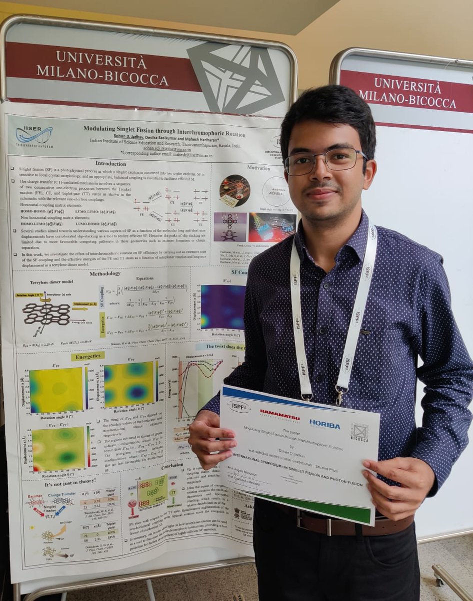 GroupHariharan's tweet photo. Congratulations to Sohan D. Jadhav @sohan_sdj, 5th year BS-MS student from our lab for winning the Second prize for the Best Poster Contribution at the 3rd International Symposium on Singlet Fission and Photon Fusion #ispf2 held at Milan, Italy. @tvmiiser https://t.co/TO9cFFXAzk