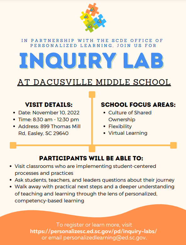 Curious what #PersonalizeSC can look like at the middle school level? Dacusville Middle can show you!
Join us on Nov. 10 from 8:30-12:30 for an Inquiry Lab! Register here: scde.formstack.com/forms/personal…