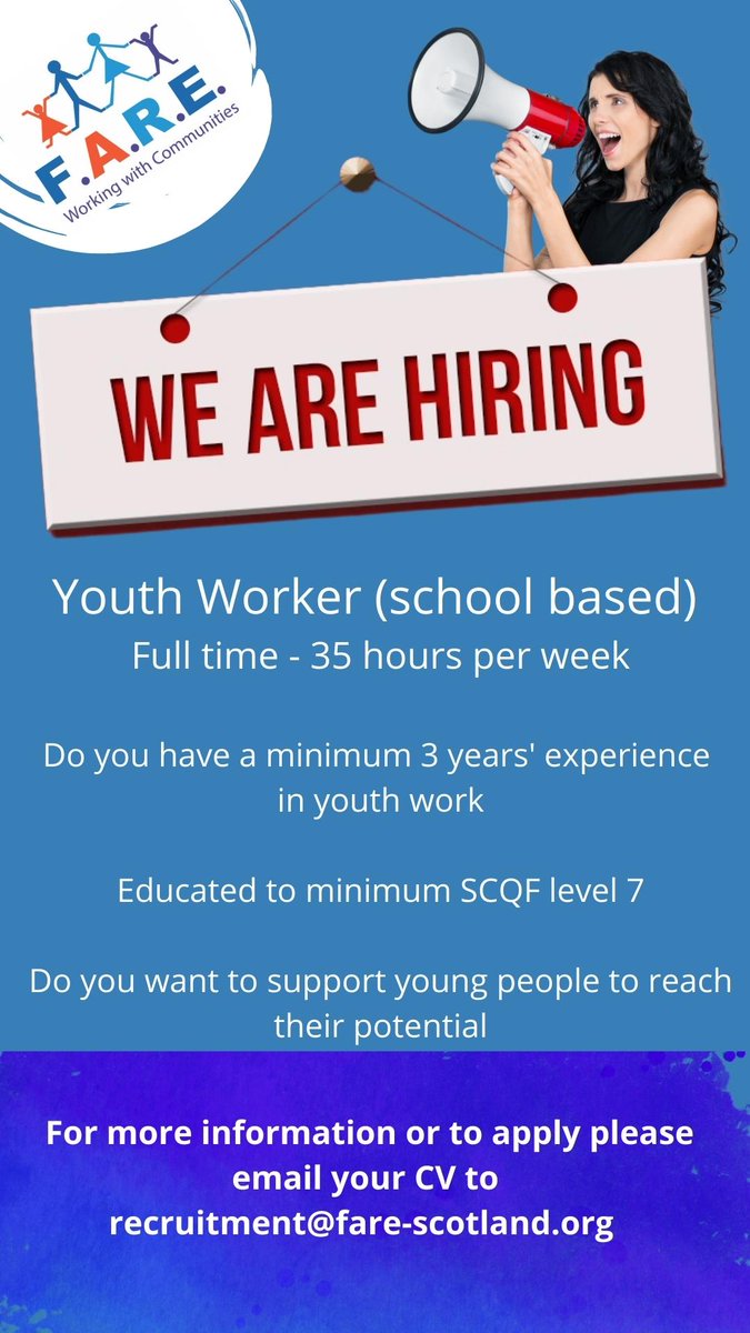 New youth worker roles have became available for our wonderful schools team. If you are interested in working full-time within our secondary schools; supporting our young people to gain accredited qualifications, life skills and much more. Get Applying!!! @FARE_Scotland