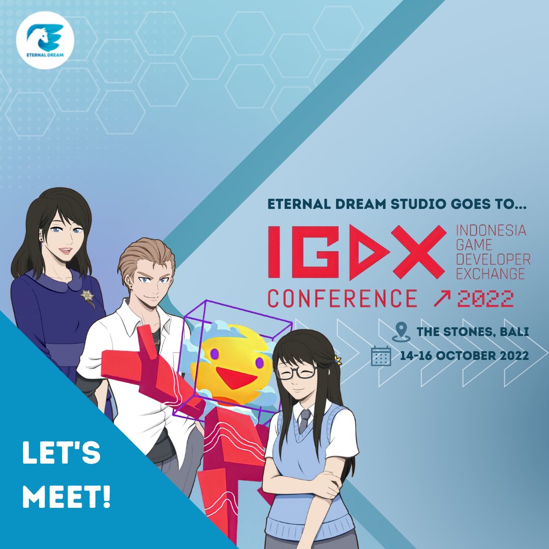 Eternal Dream Studio made it to IGDX this year 🎉🎉. We will be at The Stones, Bali from 14-16 October 2022. Anyone who wants to know more about us, let's meet! 🤩 @igdxID 

#thesunshinesoverus #indiedev #IndieGameDev  #gamedeveloper #gamedev #igdx #igdx2022 #igdxconference
