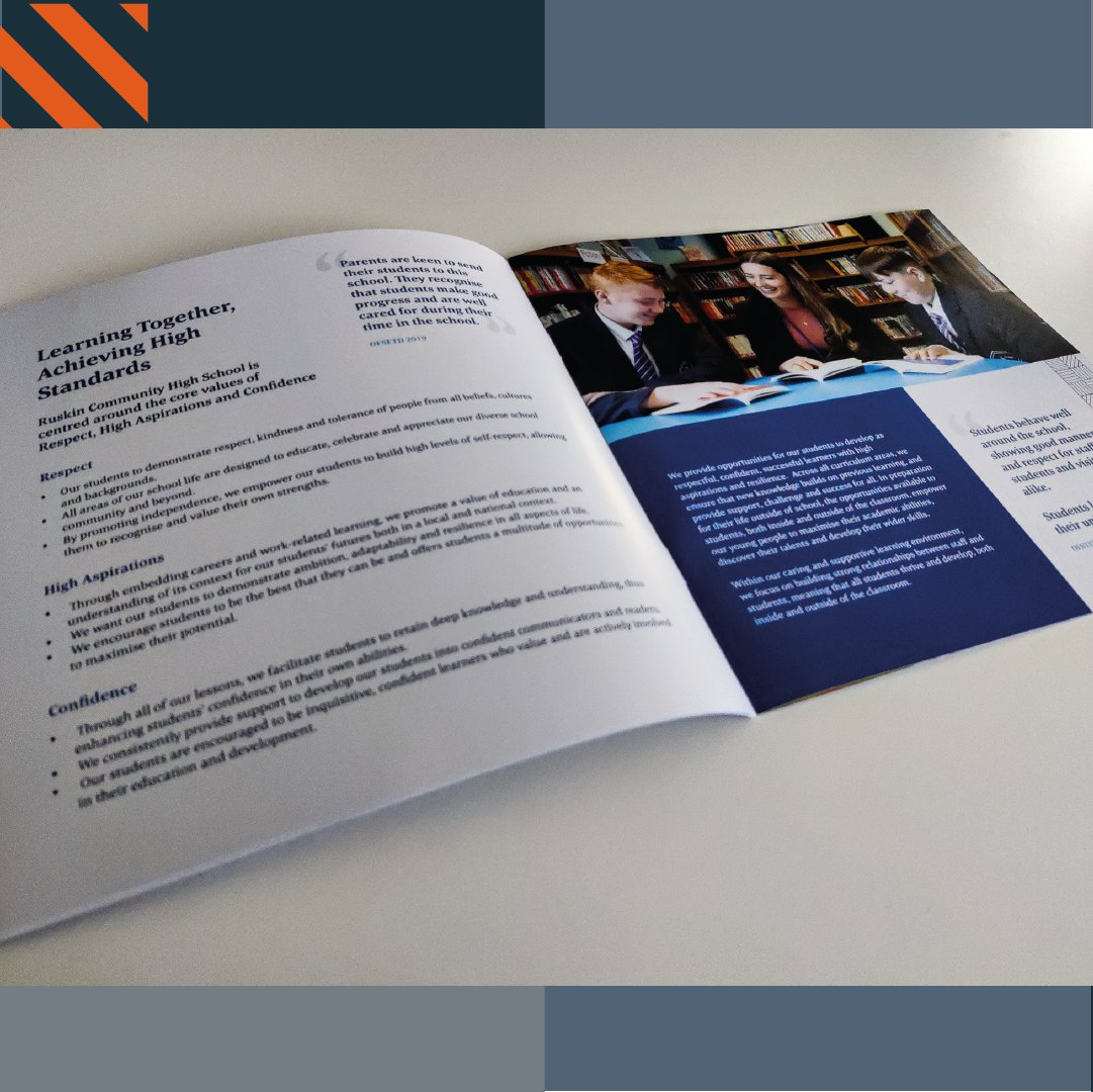 DesignOfficeUK's tweet photo. New branding, new design, new school year!

With the introduction of the new school logo late last year, @RuskinHigh were in need of a prospectus to align with the new artistic style and our design team put their all into this brand-new design 🧡 https://t.co/vOuqyhpu3d