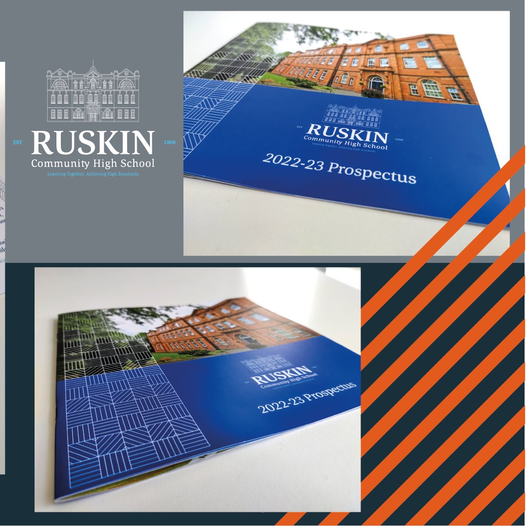 DesignOfficeUK's tweet photo. New branding, new design, new school year!

With the introduction of the new school logo late last year, @RuskinHigh were in need of a prospectus to align with the new artistic style and our design team put their all into this brand-new design 🧡 https://t.co/vOuqyhpu3d