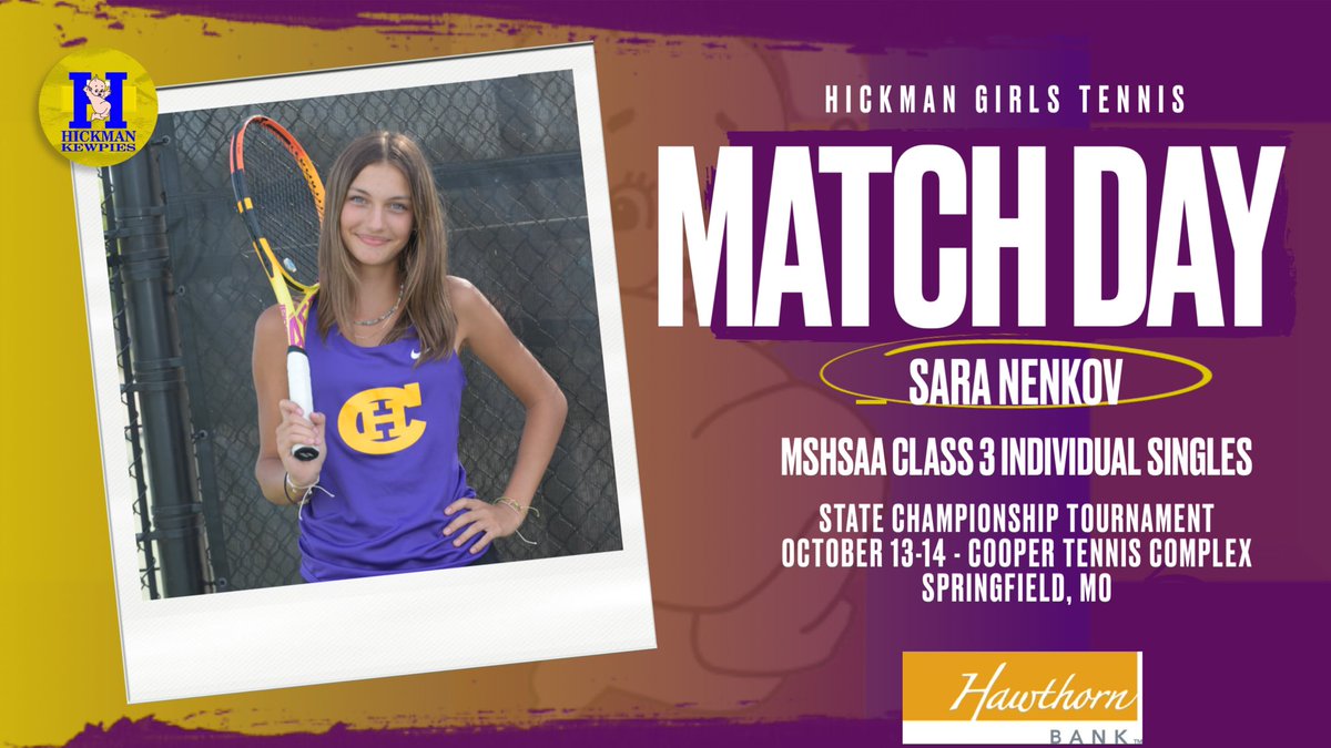 Sara Nenkov of Hickman competes in the MSHSAA Class 3 Individual Singles State Championship Tournament today and tomorrow in Springfield!  Good luck Sara!