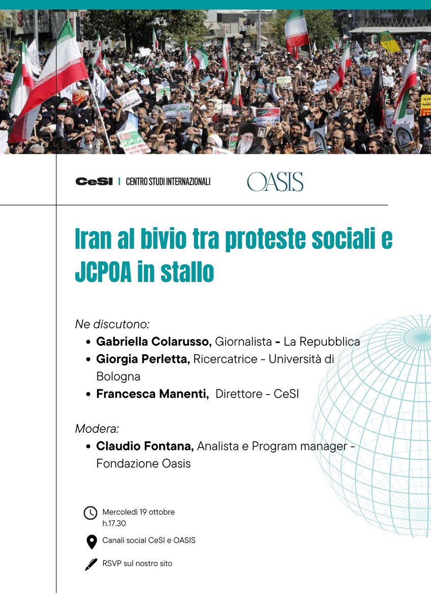 CentroStudiInt's tweet photo. 🔔 Primo incontro del nuovo ciclo "Orizzonti Mediorientali" in collaborazione con @fondazioneoasis 
📆 19 ottobre
⏰ 17.30
📍 Qui su Twitter e sui canali social di Fondazione Internazionale OASIS

Maggiori info 👉 https://t.co/eB0uOaWHrw https://t.co/XpHFzTuRHV