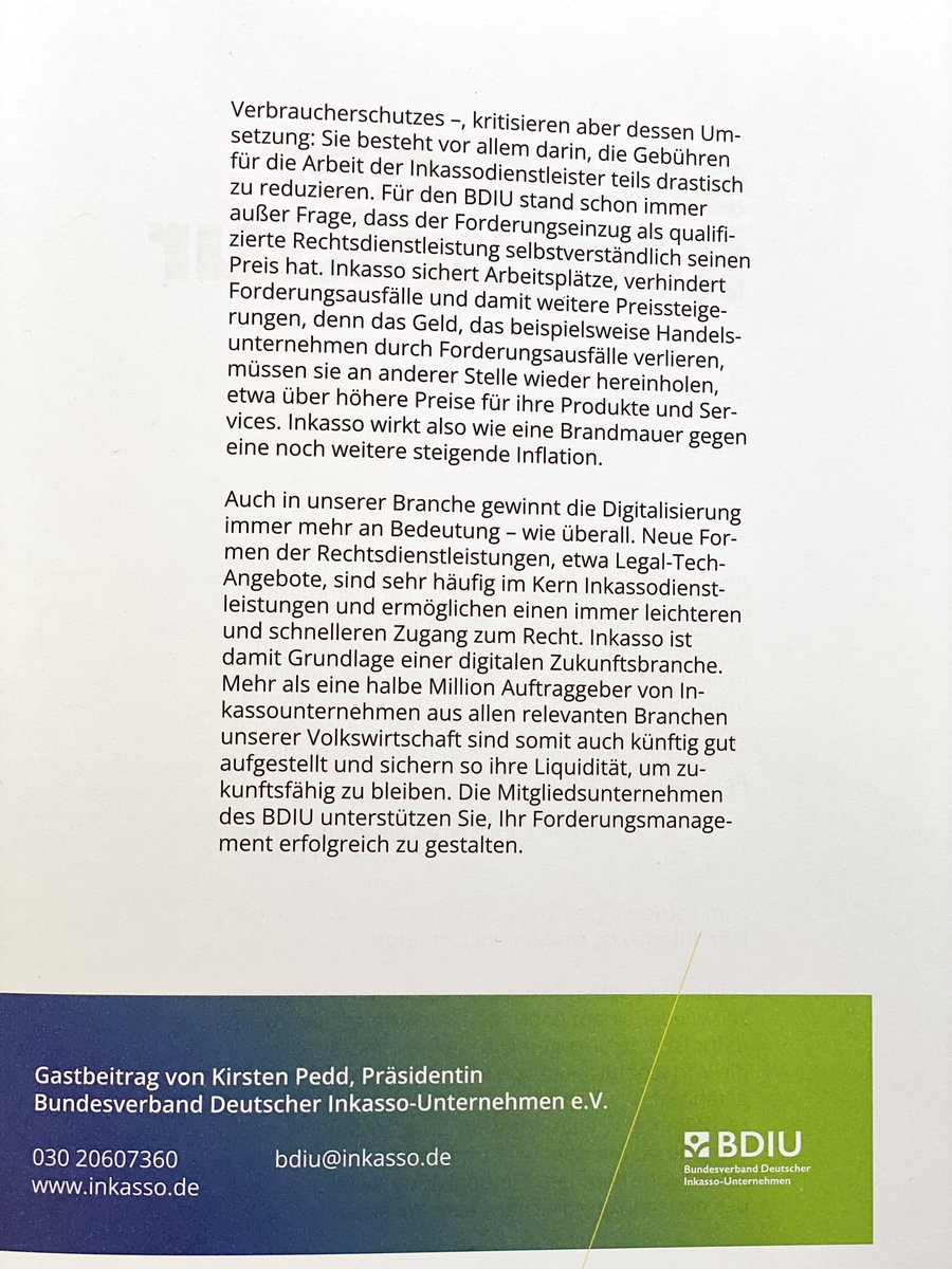 BDIU_inkasso_de's tweet photo. »Inkassodienstleister helfen der Wirtschaft durch die Krise.« - Im Jahresmagazin des @Der_BGA erklärt BDIU-Präsidentin Kirsten Pedd, wie #Forderungsmanagement Unternehmen dabei unterstützt, die aktuellen finanziellen Belastungen zu stemmen. #FairAntwortung #FairesInkasso https://t.co/3YSCAq6Kbw
