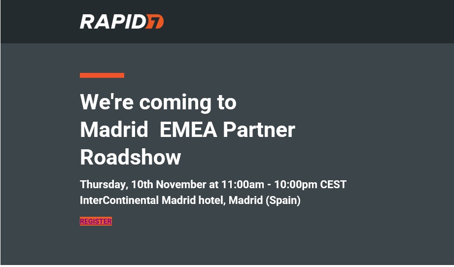 Ingecomayorista's tweet photo. El próximo 10 de noviembre, @rapid7 celebra su EMEA Partner Roadshow en Madrid. Puedes inscribirte en el siguiente enlace: https://t.co/XZ83xVgu4F
#RoadShow #partners https://t.co/PA5mWtVTaz