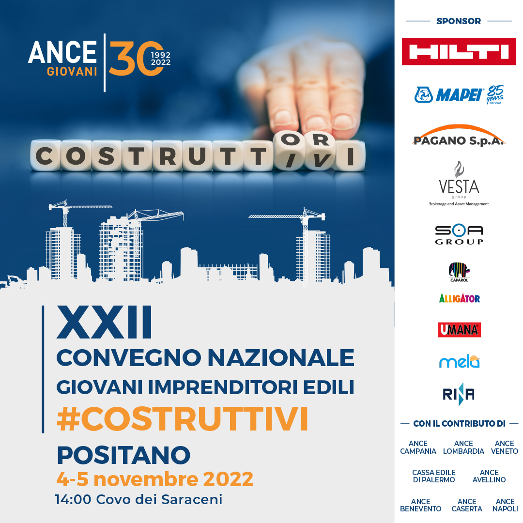 Si avvicina la data del nostro XXII Convengo Nazionale che, in questo 2022 ricco di sfide, abbiamo intitolato non a caso “Costruttivi”. 
Resta connesso per scoprire i relatori e le tematiche che tratteremo a Positano il 4 e il 5 Novembre a partire dalle ore 14.00.