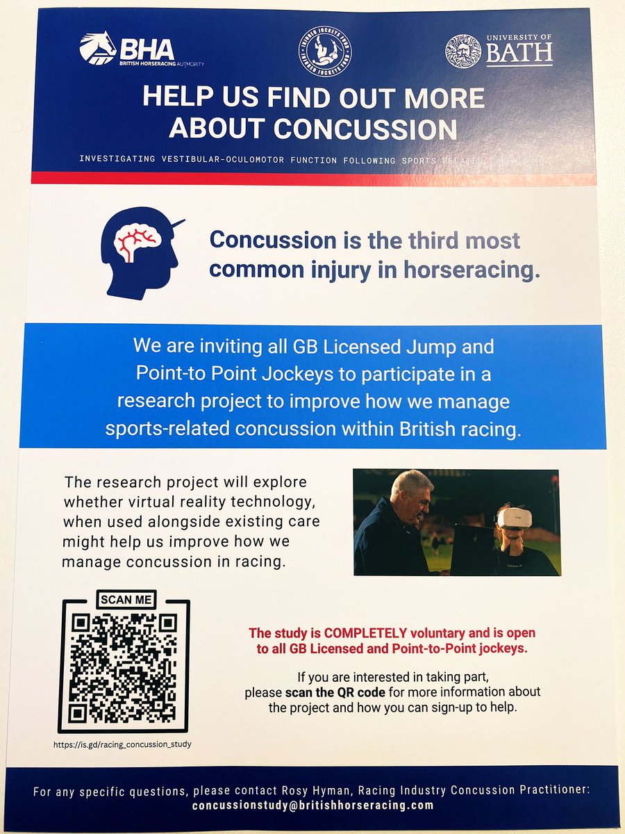 ⚠️ Jockey Research Recruitment

🧠There’s some excellent and very important research taking place <a href="/UniofBath/">University of Bath</a> &amp; <a href="/BHAHorseracing/">British Horseracing Authority</a> on concussion 

🏇🏼If you are a Conditional, Jump, or P2P jockey, check it out and consider taking part.

Look out for the posters and QR codes at races: