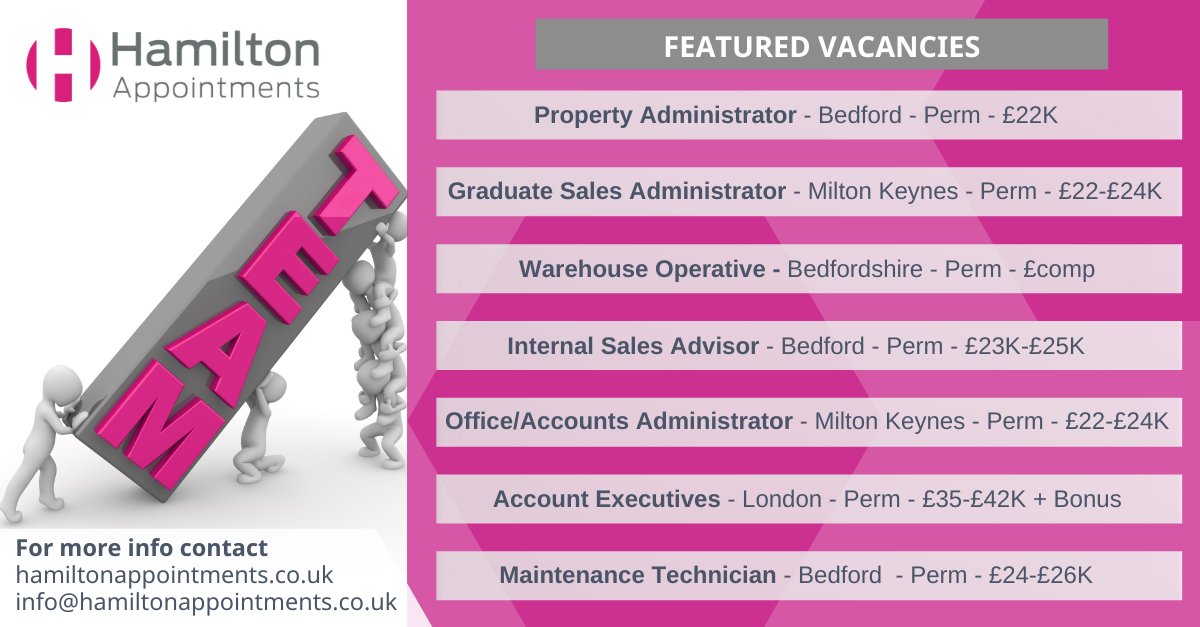 HamiltonAppoint's tweet image. Check out our latests vacancies!!  For more information, contact us today or visit our website hamiltonappointments.co.uk
#jobhunt #jobsearch  #wearehiring #hamiltonappointments