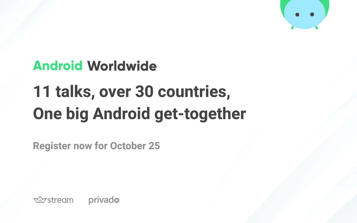 𝗔𝗻𝗱𝗿𝗼𝗶𝗱 𝗪𝗼𝗿𝗹𝗱𝘄𝗶𝗱𝗲 𝗶𝘀 𝗯𝗮𝗰𝗸 𝗼𝗻 𝗢𝗰𝘁𝗼𝗯𝗲𝗿 𝟮𝟱! 

Join our global Android get-together, to learn from 11 expert speakers, meet devs from over 30 countries, and form lasting connections! ❤️

Register for October 25 👉 buff.ly/3yElSbj