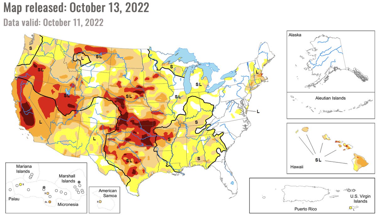 Latest US Drought Monitor released today and it shows why many parts of the US have increasing water and wildfire crises, and why the Mississippi, Missouri and Colorado Rivers are running low. CA can't get a break. droughtmonitor.unl.edu