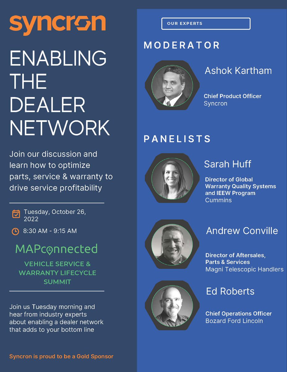 Can't Wait! Great session to kick-start this year's summit Sarah Huff Ashok Kartham Ed Roberts Andrew Conville MAPconnected Vehicle Service &amp; Warranty Lifecycle Network www@mapconnected.com