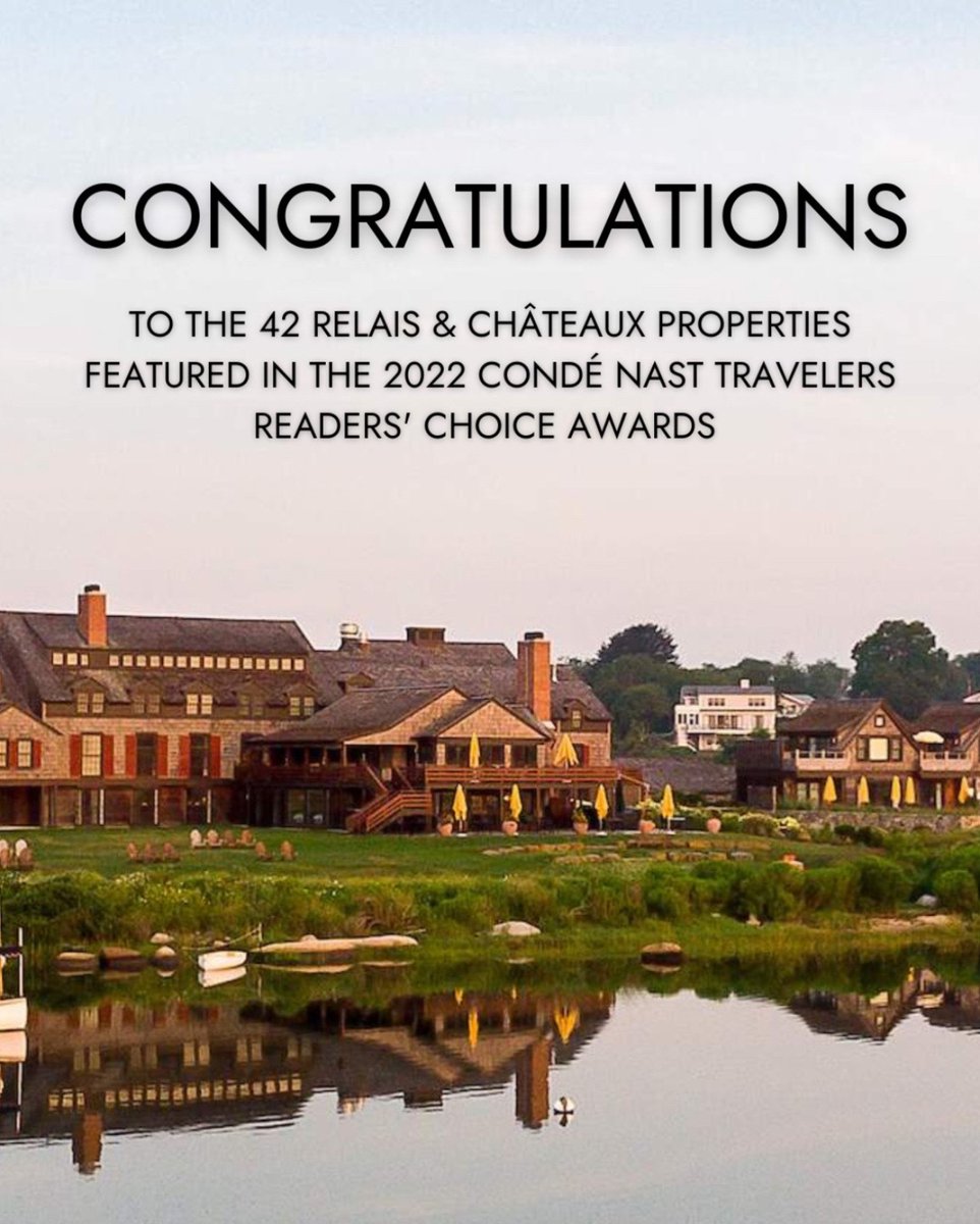 Relais & Châteaux (@relaischateaux) on Twitter photo We are honored to announce that 42 Relais & Châteaux properties are featured in the 2022 Condé Nast Traveler Readers’ Choice Awards. Join us in congratulating <a href="/AubergeSoleil/">Auberge du Soleil</a> Auberge Saint Antoine <a href="/BallyfinDemesne/">Ballyfin</a> <a href="/BallynahinchCas/">Ballynahinch Castle</a> <a href="/CapeWeligama/">Cape Weligama</a> <a href="/CasaGangotena/">Casa Gangotena</a> <a href="/CastleHillInn/">Castle Hill Inn</a> We are honored to announce that 42 Relais & Châteaux properties are featured in the 2022 Condé Nast Traveler Readers’ Choice Awards. Join us in congratulating <a href="/AubergeSoleil/">Auberge du Soleil</a> Auberge Saint Antoine <a href="/BallyfinDemesne/">Ballyfin</a> <a href="/BallynahinchCas/">Ballynahinch Castle</a> <a href="/CapeWeligama/">Cape Weligama</a> <a href="/CasaGangotena/">Casa Gangotena</a> <a href="/CastleHillInn/">Castle Hill Inn</a>