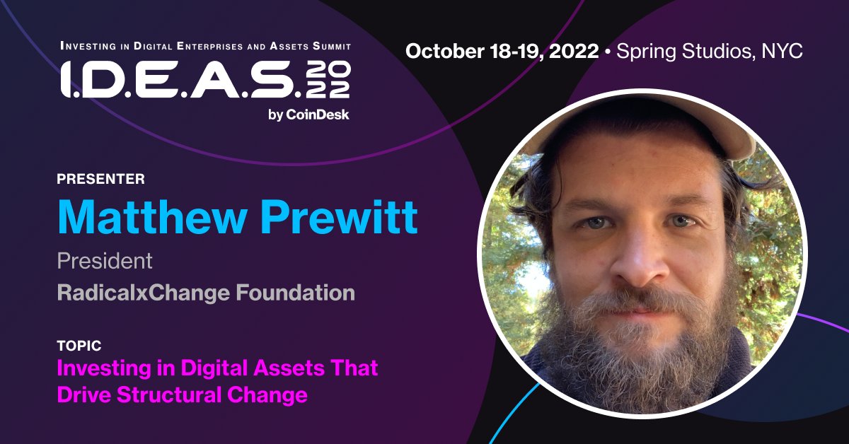 CoinDesk's tweet photo. .@RadxChange aims to make our social world more diverse, equal and free.

Join @m_t_prewitt at #CoinDeskIDEAS as he reveals how he’s advancing equality, community and decentralization through upgrading democracy, the data economy and identity.

Register: https://t.co/NL9q5oTTx9 https://t.co/XMu124EM3k