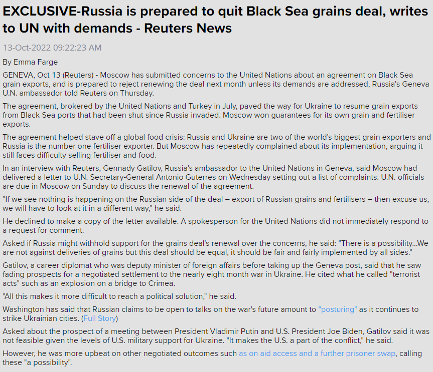 #Russia is not happy with the #Ukraine grain export deal and could be ready to quit. Moscow says its demands are not being met as they pertain to Russian grain/fertilizer exports.