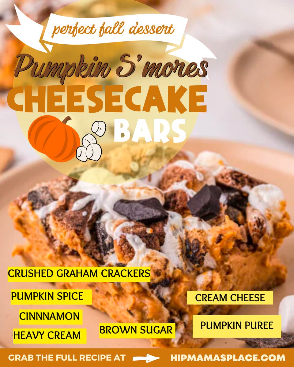 These creamy, light PUMPKIN S'MORES CHEESECAKE BARS has all your favorite s’mores ingredients – the perfect #fall #dessert! 🍂🍁😋 Get the #recipe here: bit.ly/3CUo3u1 #cheesecake #cheesecakerecipe #pumpkinseason #pumpkin #pumpkinspice #foodblogger #HipMamasPlace