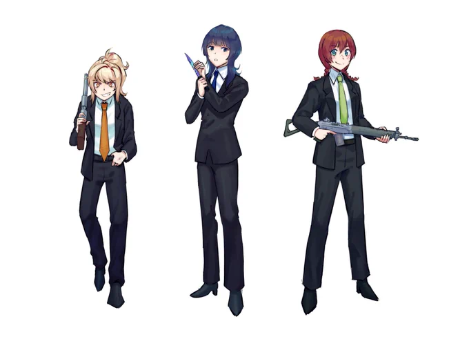 i initially drew them individually so i didnt think about perspective and stuff like that i tried my best to understand how guns work... i don't know much about weapons in general so pls forgive me if i depicted them wrongly  