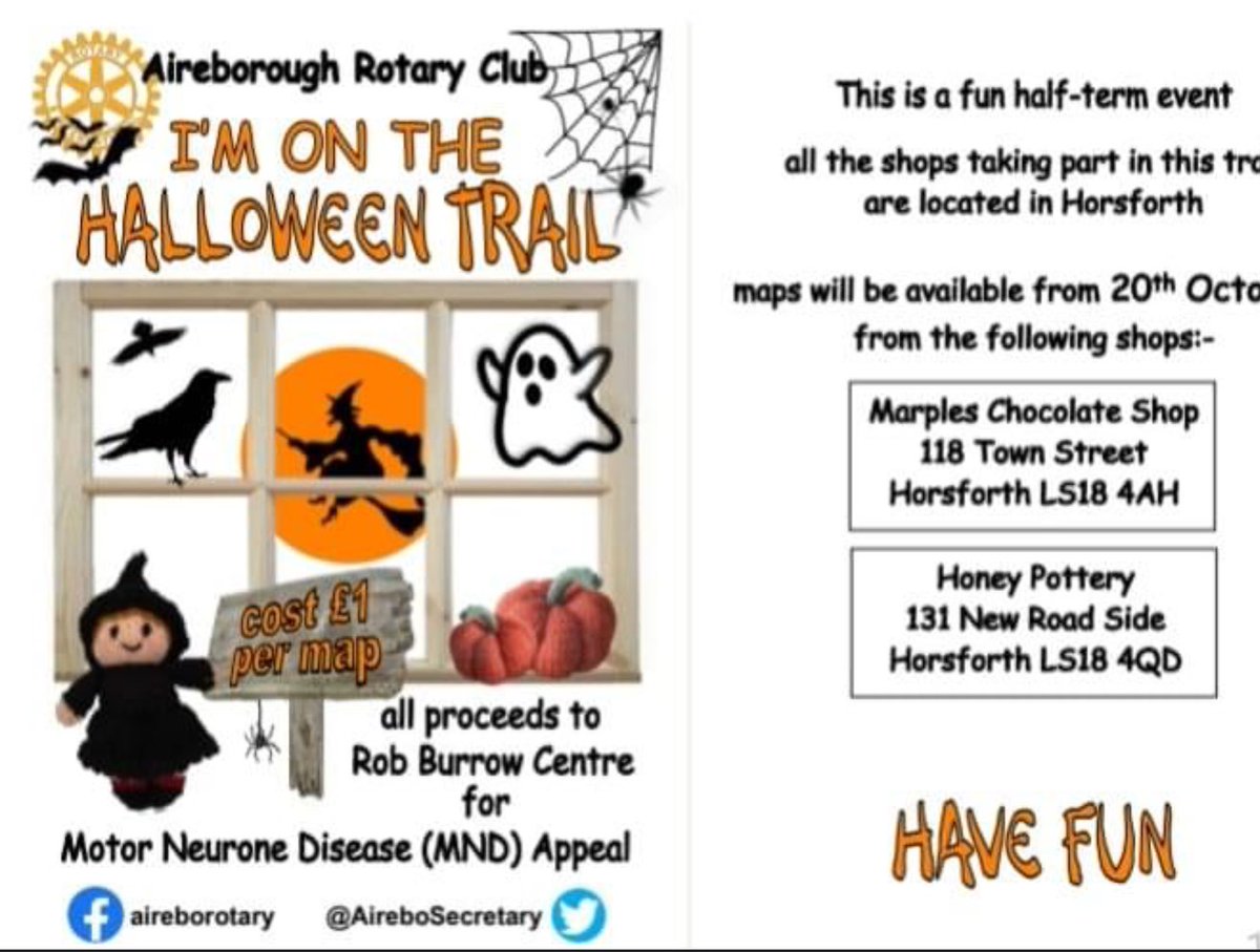 Nothing to do at half-term? Then why not try the Halloween Trail? Good fun in a great cause.
#AireboroughRotary #HalloweenTrail #RobBurrowMNDCentre