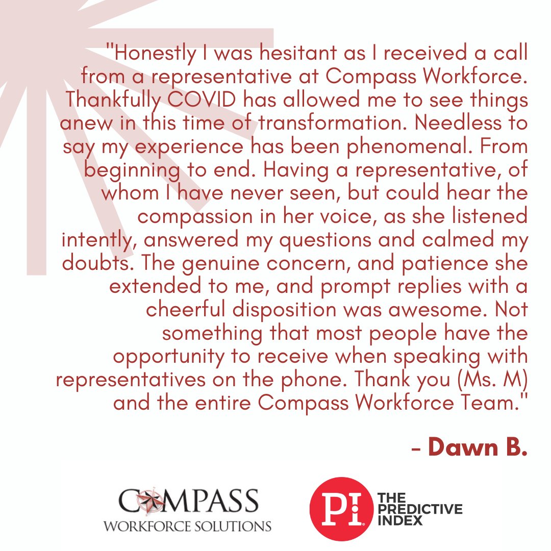 CompassWFS's tweet image. Dawn, thank you for sharing your thoughts on the candidate selection process we use to support our clients in hiring new team members and ensuring the job fits the client and candidate needs. Ms. M is a great asset to Compass!
#hr #humanresources #compassworkforcesolutions