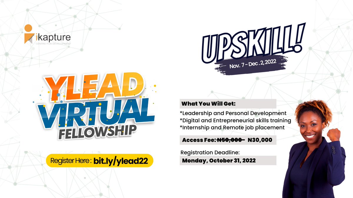 OpportunityDesk's tweet photo. Calling all young aspiring leaders in Africa!
Apply for the YLEAD Virtual Fellowship Program 2022.
This is a 4-week immersive capacity-building program designed to educate, engage and equip you with relevant skills for the world of work.
Details: https://t.co/5gC3XnJZU3 #YLEAD https://t.co/5zrXgavr5O