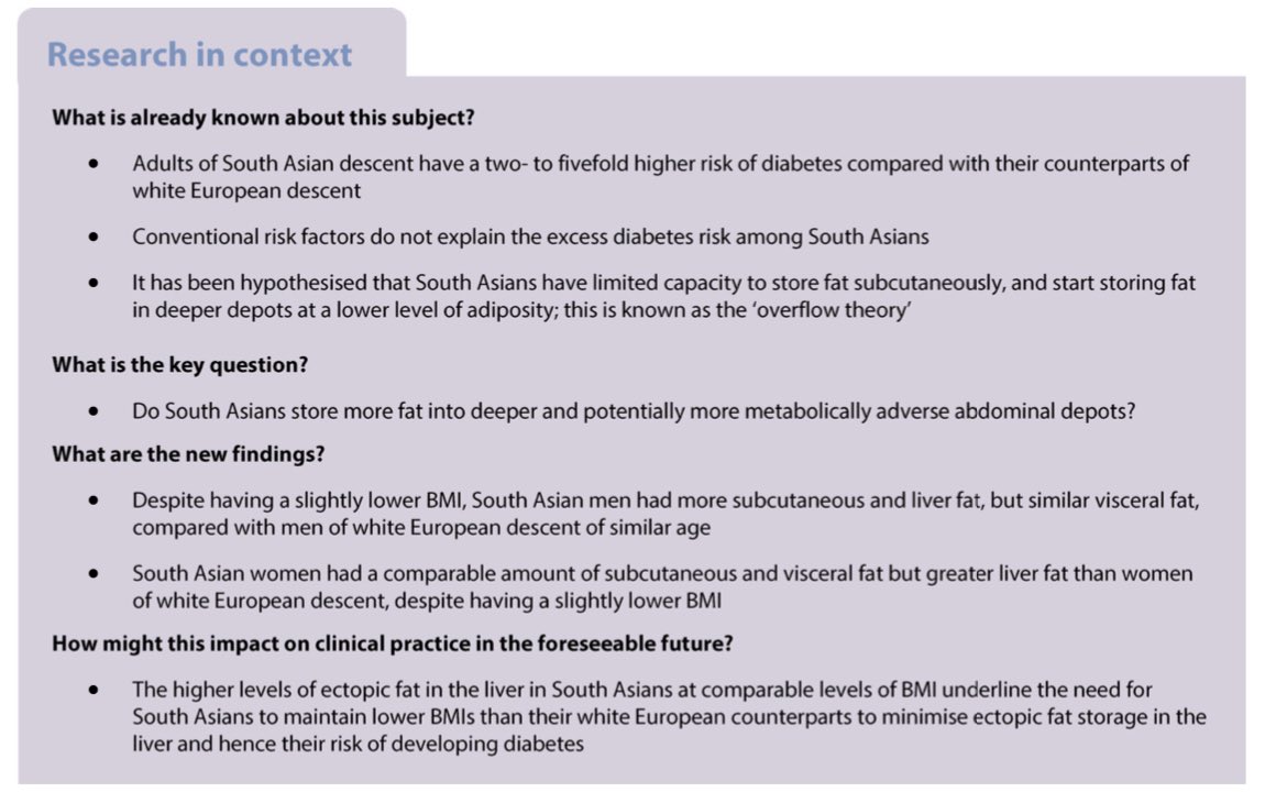Important meta-analysis of body composition data comparing #SouthAsians to Europeans/Whites, finding significantly higher liver fat in SA, not higher visceral fat link.springer.com/content/pdf/10…